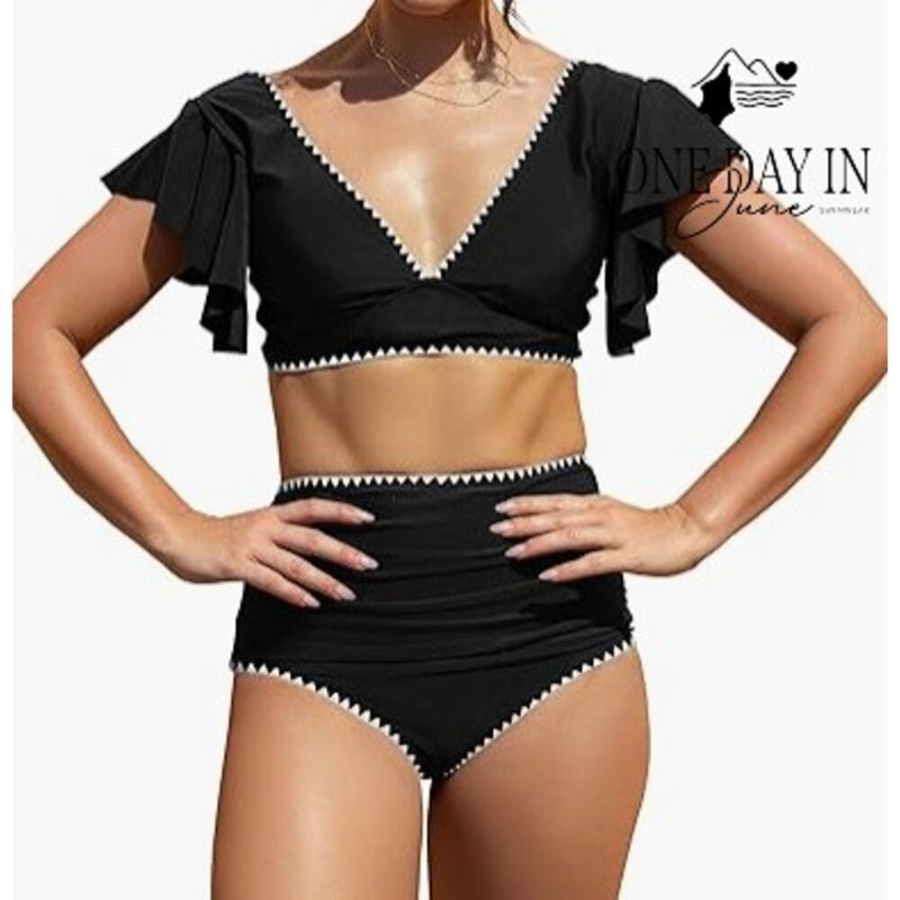 Sporlike Tie Back Ruffle Shoulder Bikini Swimsuit Size M